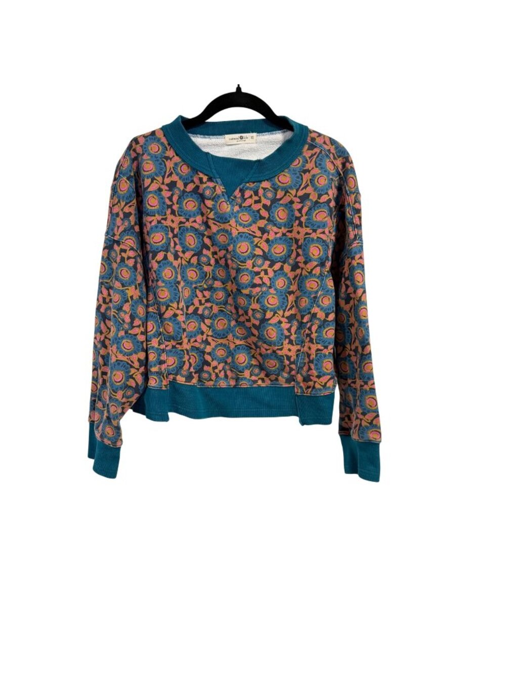 Natural Life Selah Teal Floral Boxy Cropped Boho Sweatshirt Size XS